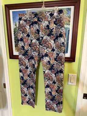 Paisley Print Stretch Pants - Navy Multicolor